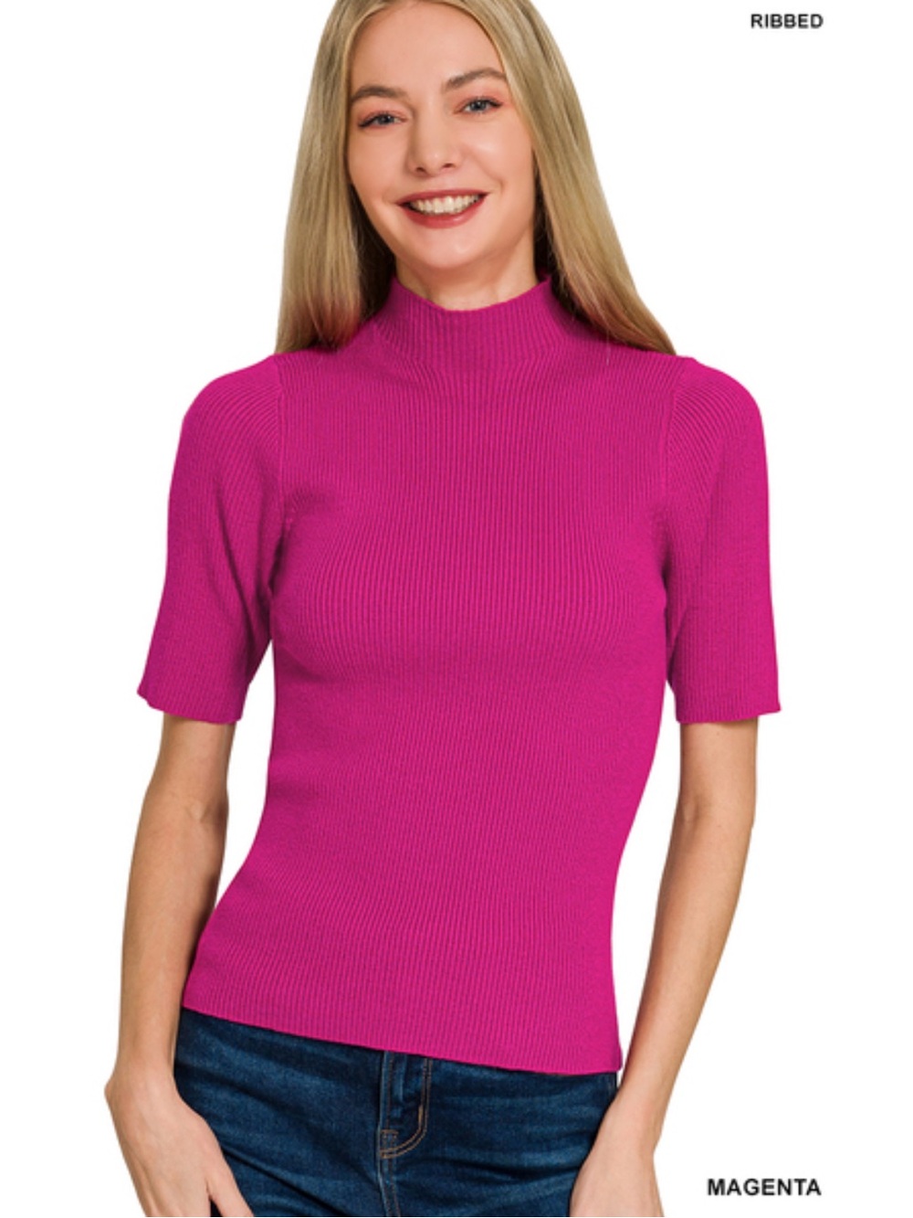 492 ❤️ magenta SOFT STRETCHY VISCOSE MOCK RIBBED SWEATER